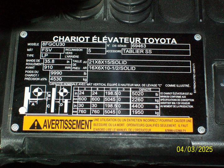 Used forklift for sale in Boucherville | 2019 TOYOTA 6,000 LB IC Cushion Forklift | Model: 8FGCU30