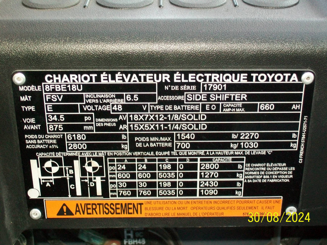 Used forklift for sale in Boucherville | 2019 TOYOTA 3,500 LB 3-Wheel Electric Forklift | Model: 8FBE18U