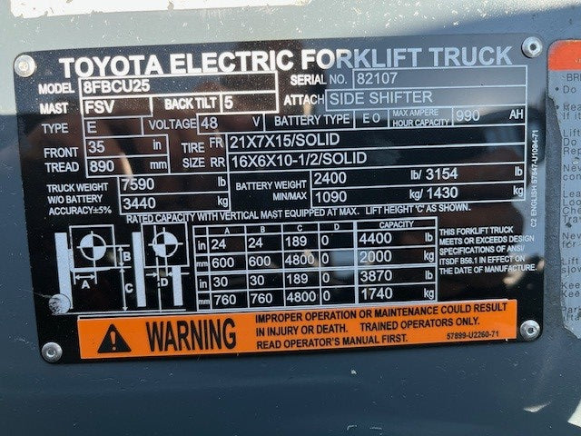 Used forklift for sale in London | 2020 TOYOTA 5,000 LB Electric Cushion Forklift | Model: 8FBCU25