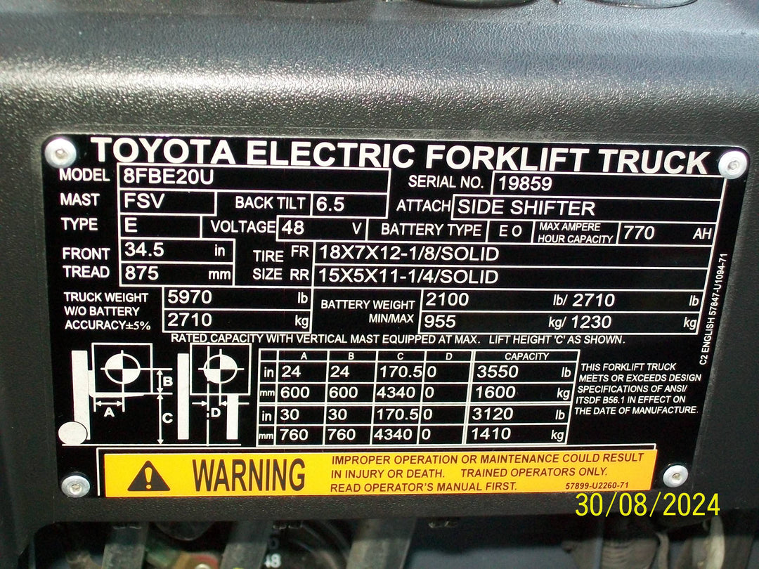 Used forklift for sale in Boucherville | 2020 TOYOTA 4,000 LB 3-Wheel Electric Forklift | Model: 8FBE20U