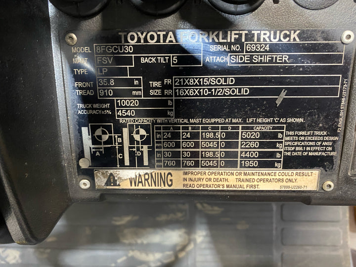 Used forklift for sale in Kitchener | 2018 TOYOTA 6,000 LB IC Cushion Forklift | Model: 8FGCU30