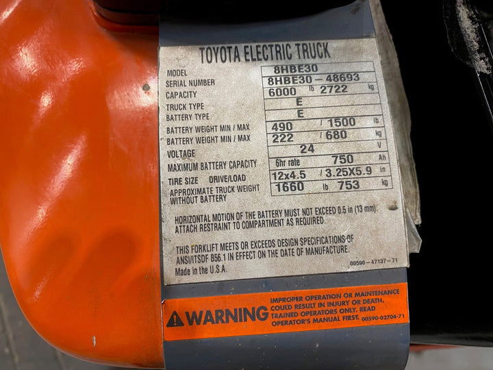 Used forklift for sale in Barrie | 2018 TOYOTA 6,000 LB Electric Walkie Rider Pallet Truck | Model: 8HBE30