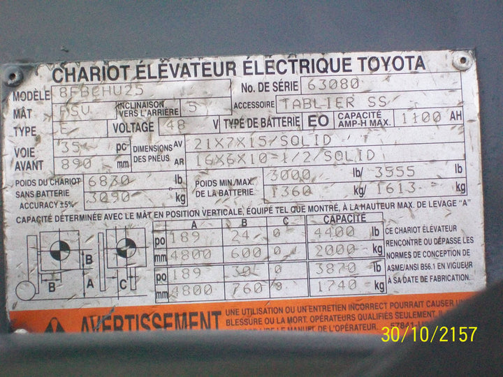 Used forklift for sale in Lachine | 2016 TOYOTA 5,000 LB Electric Cushion Forklift Longbox | Model: 8FBCHU25