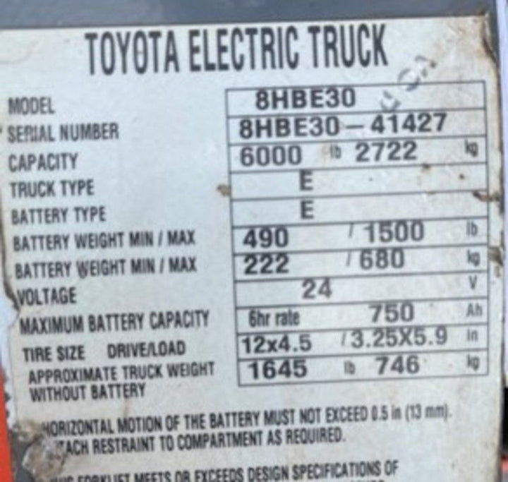 Used forklift for sale in Toronto | 2011 TOYOTA 6,000 LB Electric Walkie Rider Pallet Truck | Model: 8HBE30