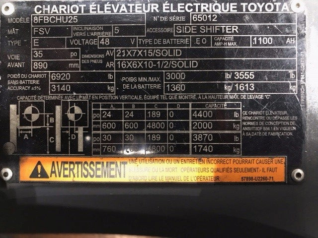 Used forklift for sale in Lachine | 2018 TOYOTA 5,000 LB Electric Cushion Forklift Longbox | Model: 8FBCHU25