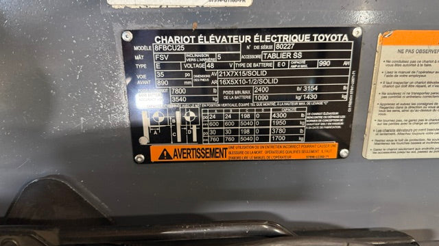 Used forklift for sale in Lachine | 2019 TOYOTA 5,000 LB Electric Cushion Forklift | Model: 8FBCU25