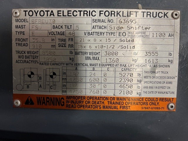 Used forklift for sale in London | 2015 TOYOTA 6000 LB Electric Cushion Forklift | Model: 8FBCU30