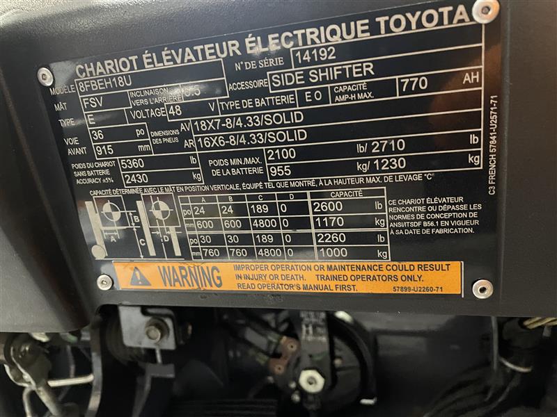 Used forklift for sale in Lachine | 2017 TOYOTA 3,500 LB 3-Wheel Electric Forklift Longbox | Model: 8FBEH18U