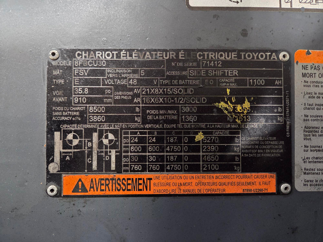 Used forklift for sale in Lachine | 2021 TOYOTA 6000 LB Electric Cushion Forklift | Model: 8FBCU30