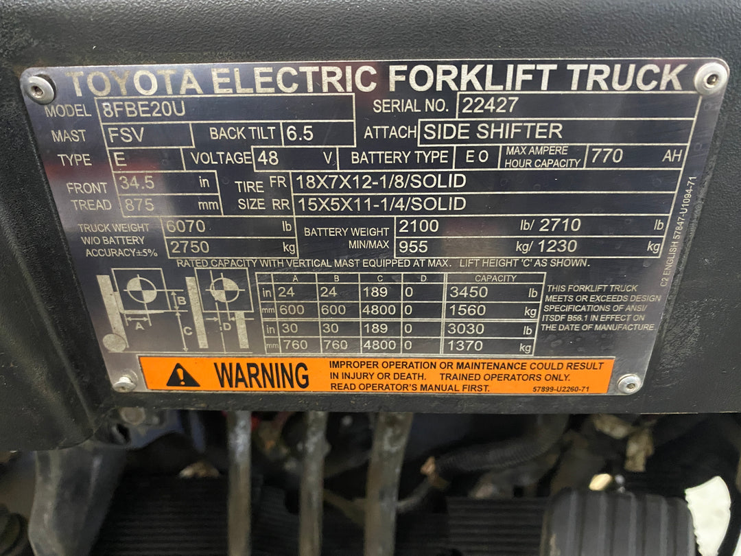 Used forklift for sale in Barrie | 2021 TOYOTA 4,000 LB 3-Wheel Electric Forklift | Model: 8FBE20U
