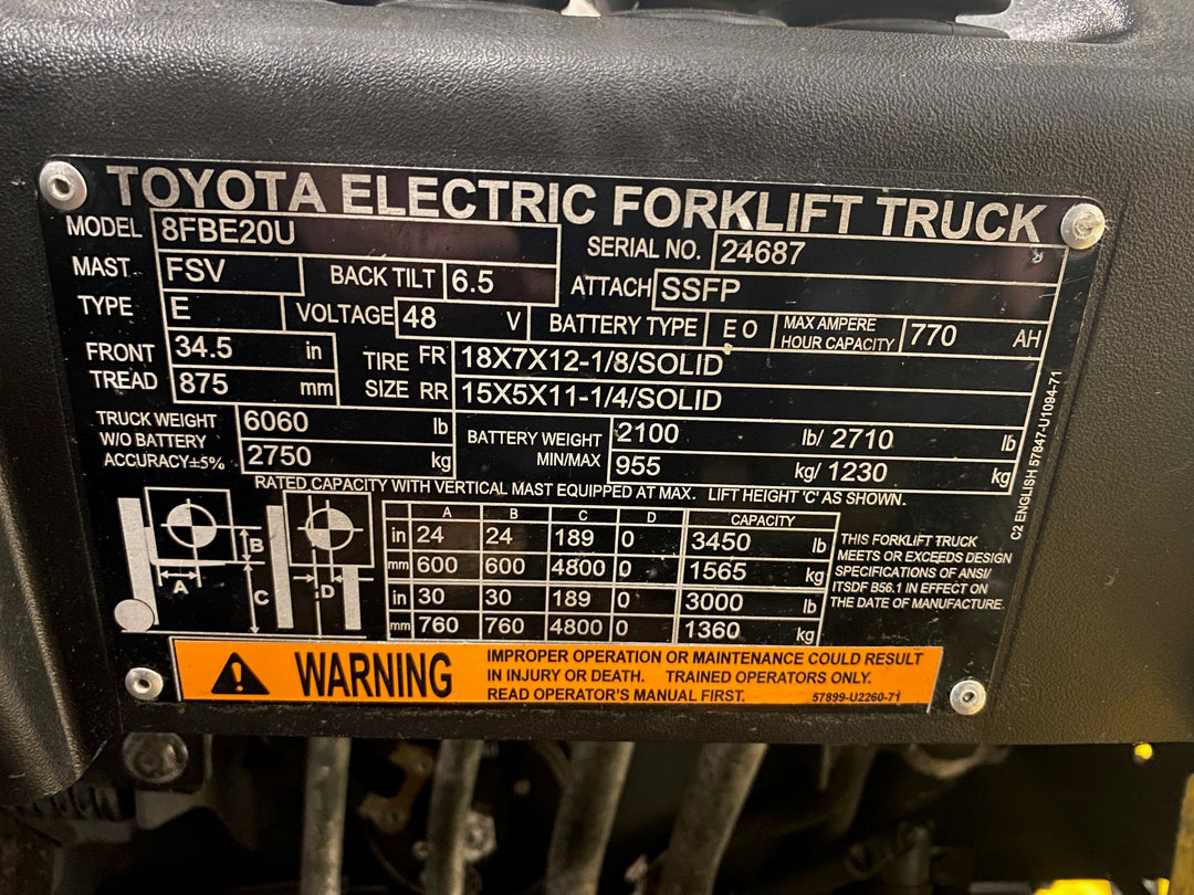Used forklift for sale in Barrie | 2022 TOYOTA 4,000 LB 3-Wheel Electric Forklift | Model: 8FBE20U