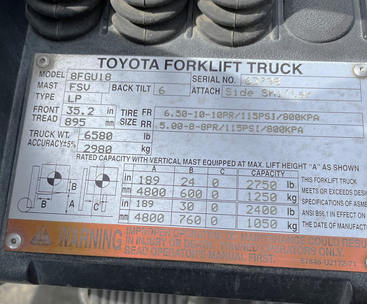 Used forklift for sale in Kamloops | 2017 Toyota  | Model: 8FGU18