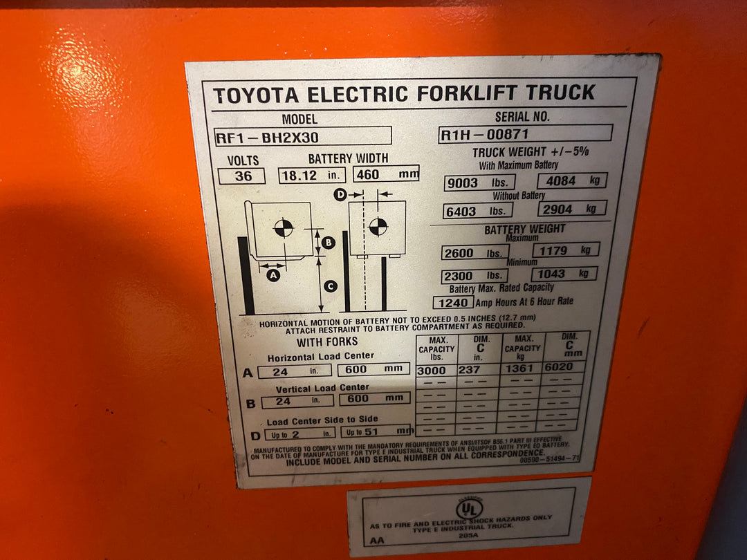 Used forklift for sale in Ajax | 2023 TOYOTA 3,000 LB Electric Double Reach Truck | Model: RF1-BH2X30