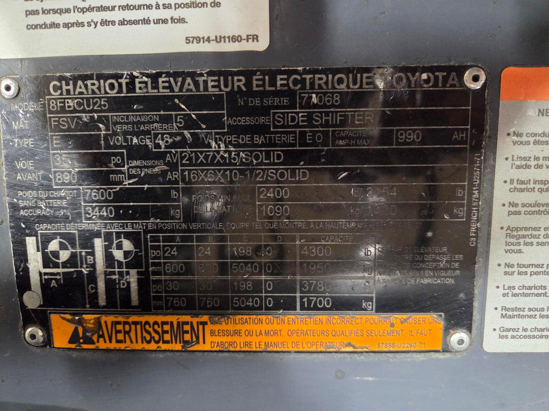 Used forklift for sale in Lachine | 2018 TOYOTA 5,000 LB Electric Cushion Forklift | Model: 8FBCU25