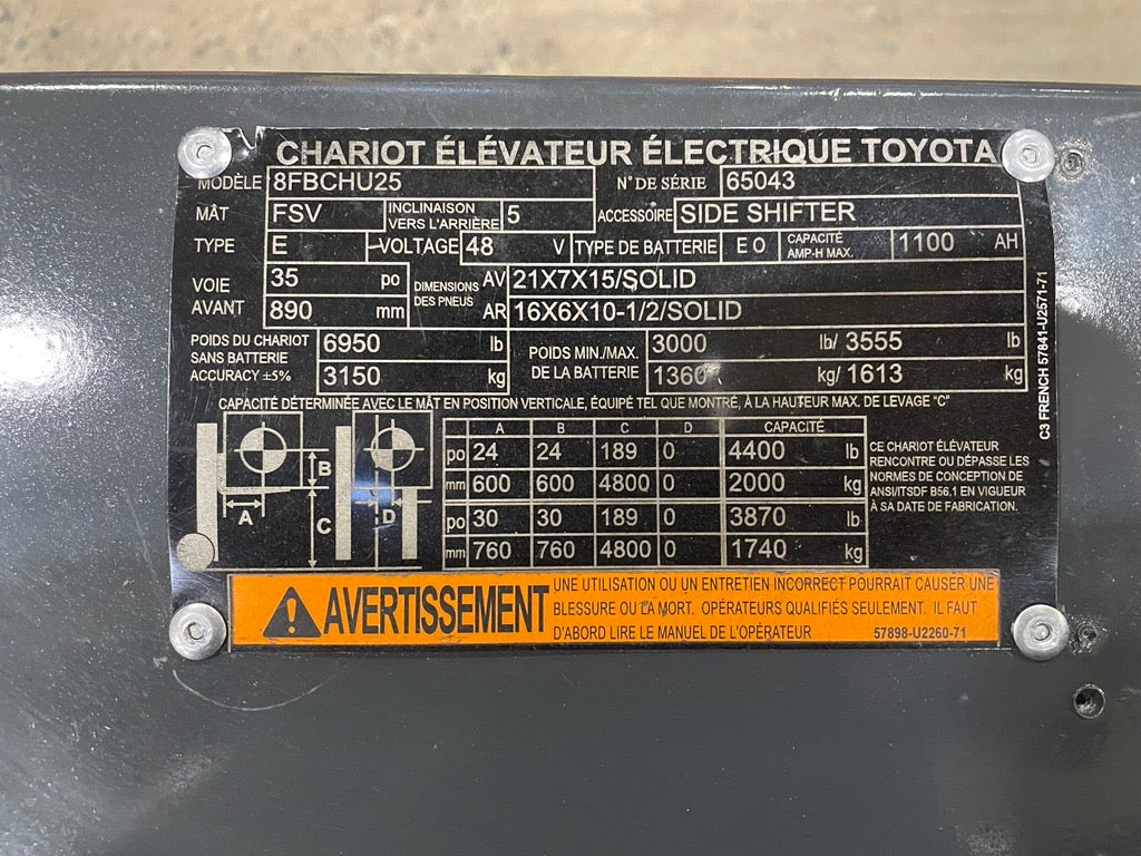 Used forklift for sale in Lachine | 2018 TOYOTA 5,000 LB Electric Cushion Forklift Longbox | Model: 8FBCHU25