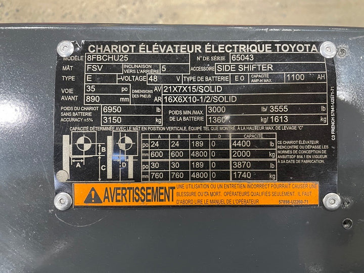 Used forklift for sale in Lachine | 2018 TOYOTA 5,000 LB Electric Cushion Forklift Longbox | Model: 8FBCHU25