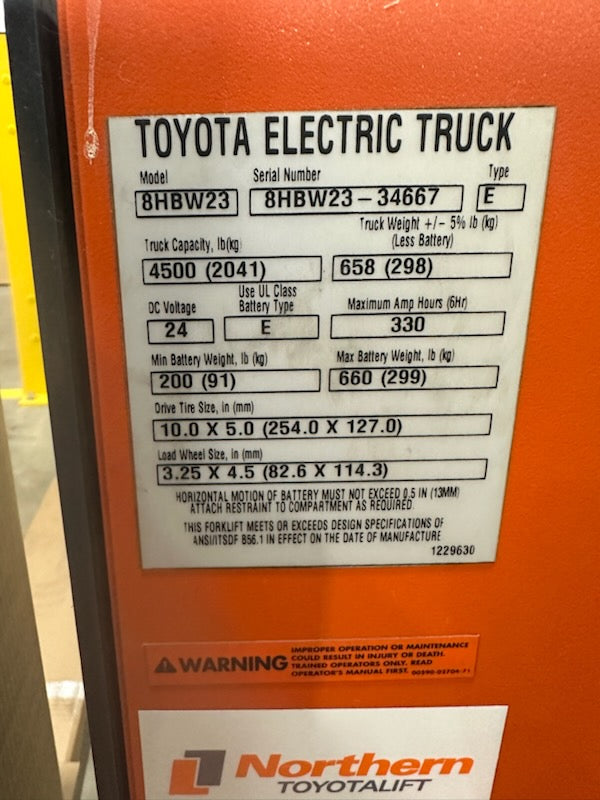 Used forklift for sale in Vermont | 2019 Toyota Toyota Electric walk behind pallet jack with onboard 110VAC charger. | Model: 8HBW23 