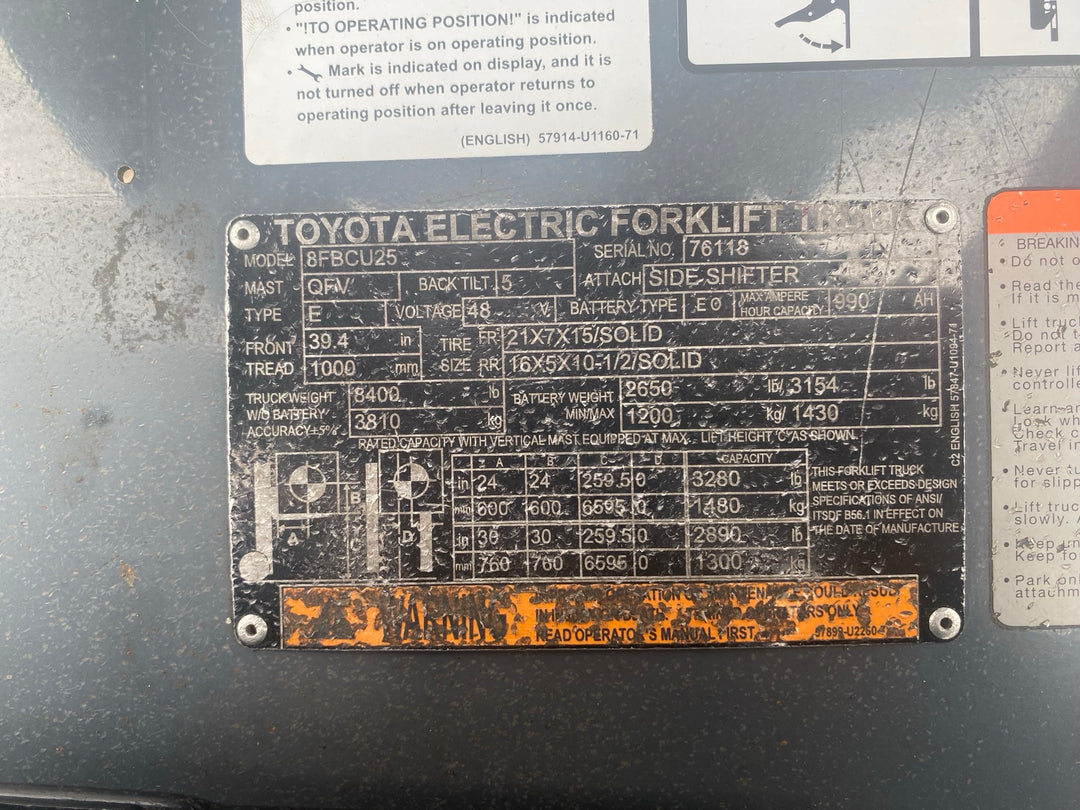Used forklift for sale in Kitchener | 2018 TOYOTA 5,000 LB Electric Cushion Forklift | Model: 8FBCU25