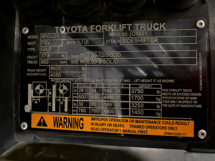 Used forklift for sale in Ajax | 2021 TOYOTA 5000 LB IC Pneumatic Forklift | Model: 8FGU25