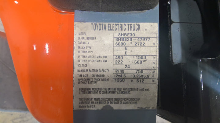 Used forklift for sale in Lachine | 2017 TOYOTA 6,000 LB Electric Walkie Rider Pallet Truck | Model: 8HBE30