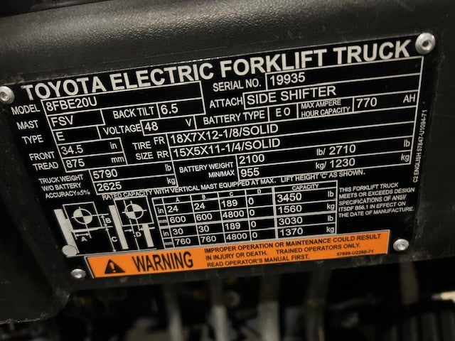 Used forklift for sale in Moncton | 2020 TOYOTA 4,000 LB 3-Wheel Electric Forklift | Model: 8FBE20U