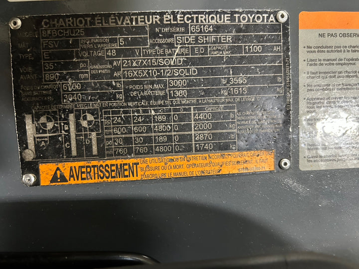 Used forklift for sale in Lachine | 2019 TOYOTA 5,000 LB Electric Cushion Forklift Longbox | Model: 8FBCHU25
