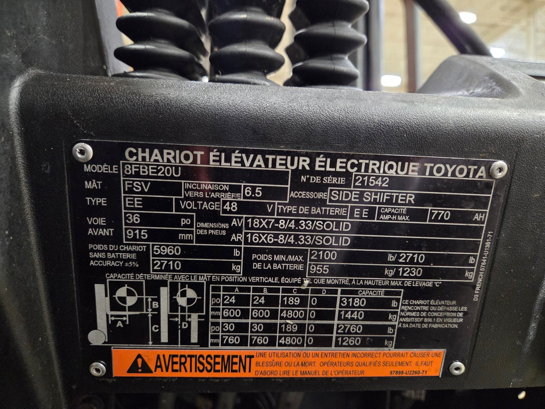 Used forklift for sale in Lachine | 2021 TOYOTA 4,000 LB 3-Wheel Electric Forklift | Model: 8FBE20U