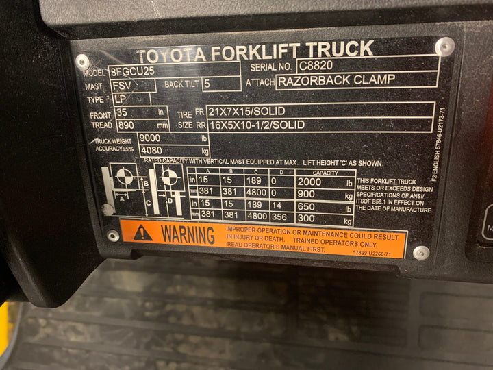 Used forklift for sale in Toronto | 2021 TOYOTA 5000 LB IC Cushion Forklift | Model: 8FGCU25