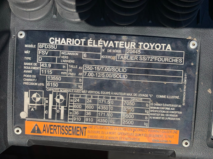 Used forklift for sale in Quebec | 2020 TOYOTA 8,000 LB Diesel Pneumatic Forklift | Model: 8FD35U