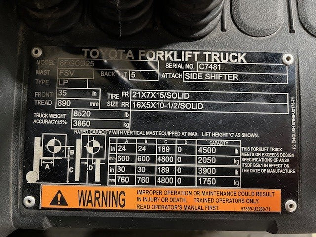 Used forklift for sale in London | 2021 TOYOTA 5,000 LB IC Cushion Forklift | Model: 8FGCU25