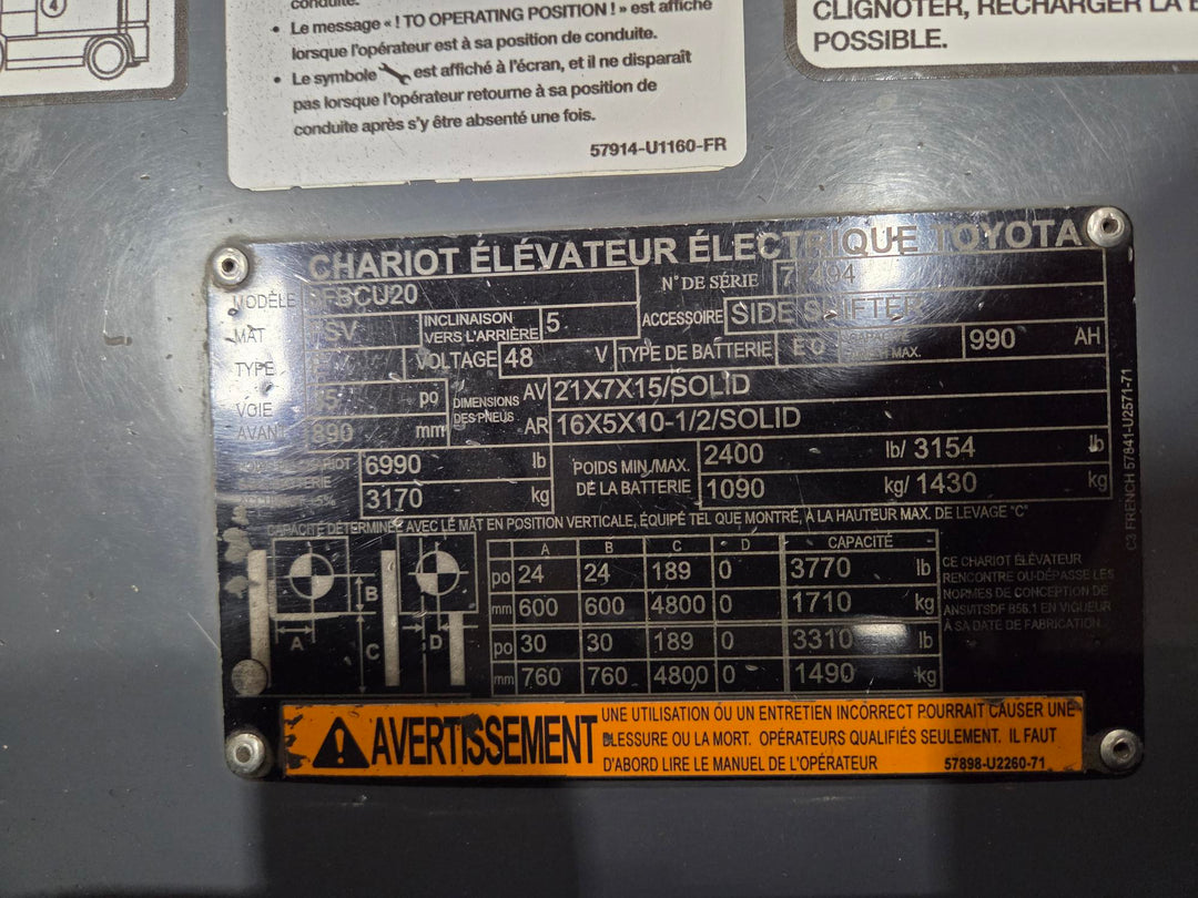 Used forklift for sale in Lachine | 2018 TOYOTA 4,000 LB Electric Cushion Forklift | Model: 8FBCU20