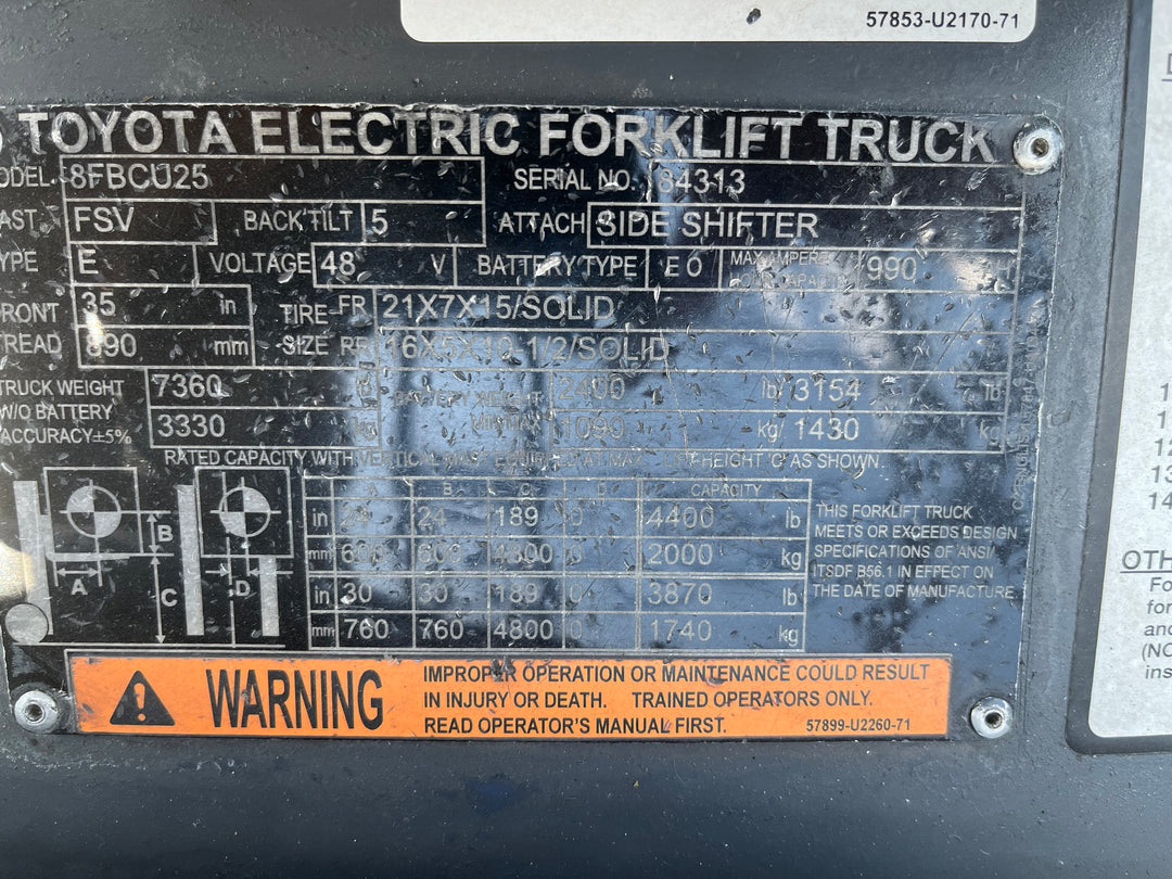 Used forklift for sale in Ottawa | 2021 TOYOTA 5,000 LB Electric Cushion Forklift | Model: 8FBCU25