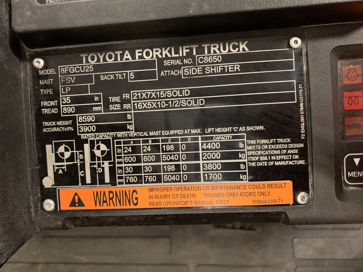 Used forklift for sale in Toronto | 2021 TOYOTA 5000 LB IC Cushion Forklift | Model: 8FGCU25