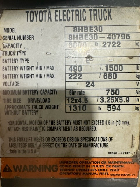 Used forklift for sale in Vermont | 2010 Toyota Electric 6000 lbs Capacity Toyota Endrider with Industrial Battery and Charger 240-480 3 phase AC | Model: 8HBE30