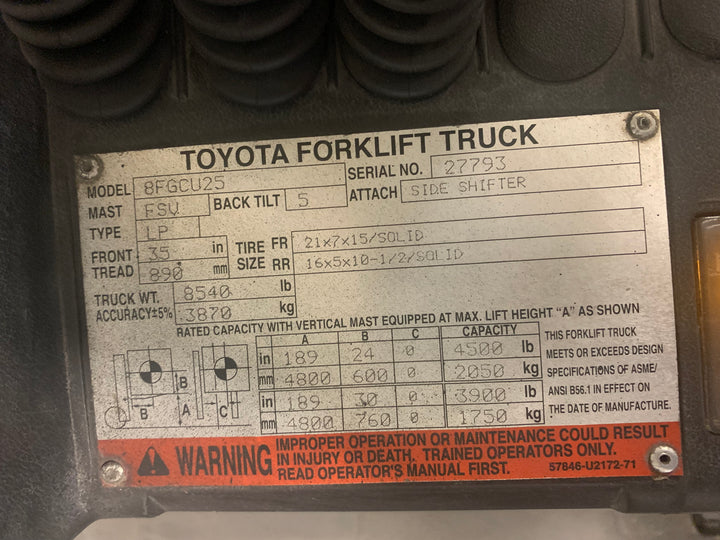 Used forklift for sale in Toronto | 2010 TOYOTA 5,000 LB IC Cushion Forklift | Model: 8FGCU25