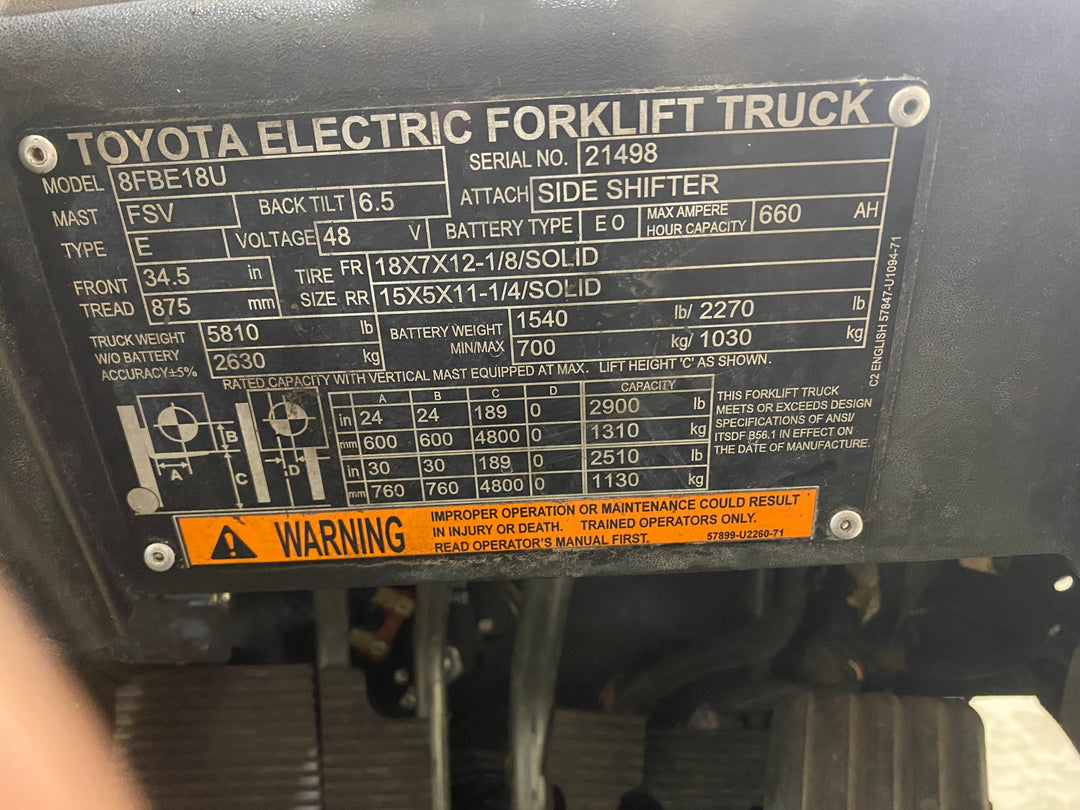 Used forklift for sale in Barrie | 2021 TOYOTA 3,500 LB 3-Wheel Electric Forklift | Model: 8FBE18U