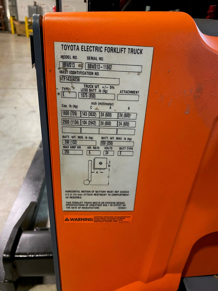 Used forklift for sale in Ajax | 2019 TOYOTA 2,500 LB Electric Walkie Straddle Stacker | Model: 8BWS132F43