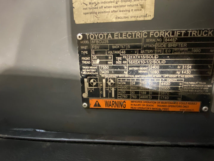 Used forklift for sale in Vaughan | 2021 TOYOTA 5,000 LB Electric Cushion Forklift | Model: 8FBCU25