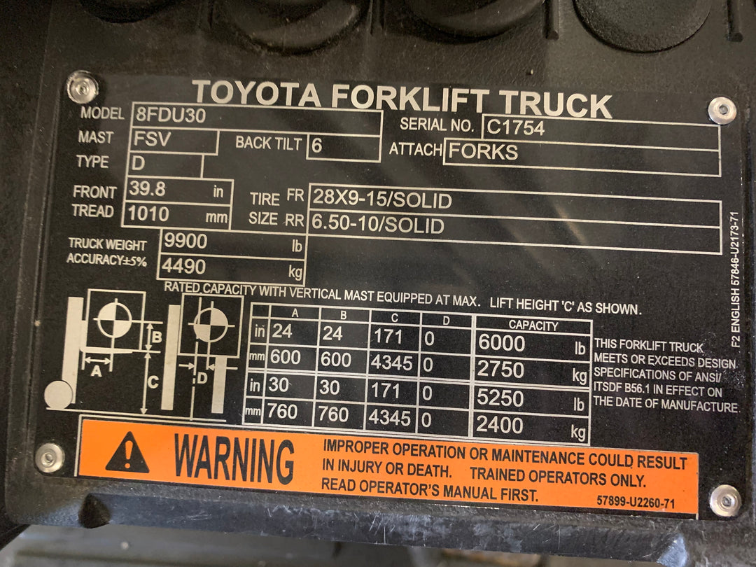 Used forklift for sale in Toronto | 2021 TOYOTA 6000 LB Diesel Pneumatic Forklift | Model: 8FDU30