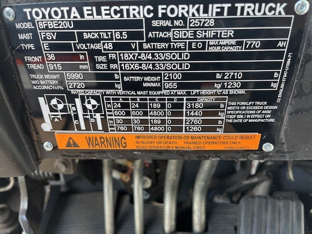 Used forklift for sale in Dartmouth | 2022 TOYOTA 4000 LB 3-Wheel Electric Forklift | Model: 8FBE20U