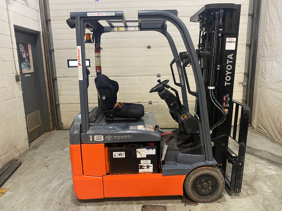 Used forklift for sale in Barrie | 2021 TOYOTA 3,500 LB 3-Wheel Electric Forklift | Model: 8FBE18U