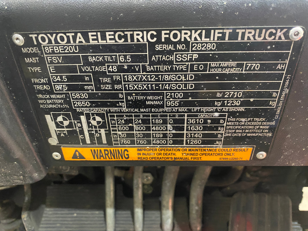 Used forklift for sale in Barrie | 2022 TOYOTA 4,000 LB 3-Wheel Electric Forklift | Model: 8FBE20U