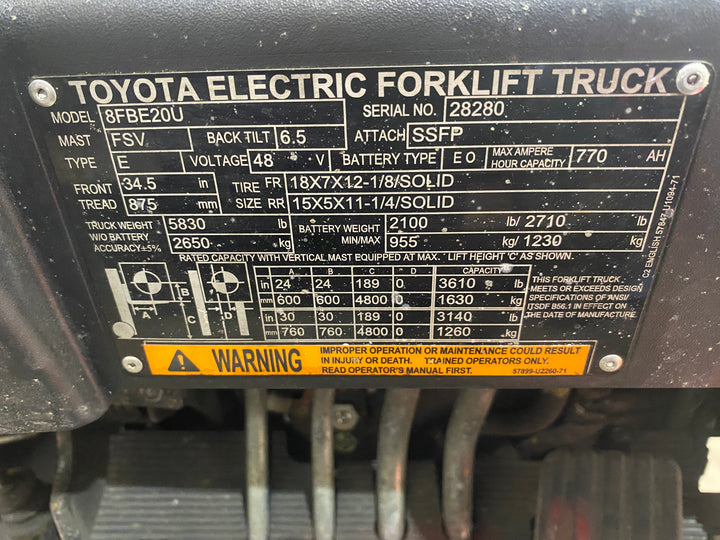 Used forklift for sale in Barrie | 2022 TOYOTA 4,000 LB 3-Wheel Electric Forklift | Model: 8FBE20U