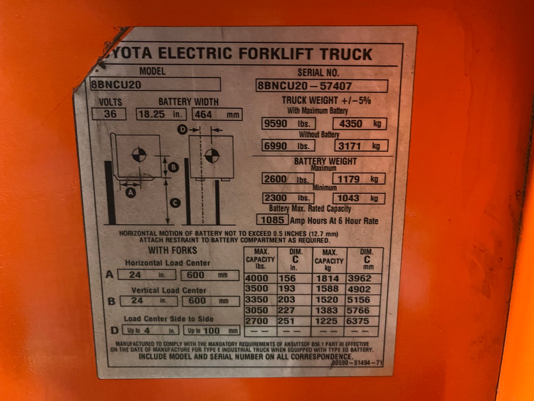 Used forklift for sale in Lachine | 2018 TOYOTA 4,000 LB Electric Standup Counterbalance | Model: 8BNCU20M188