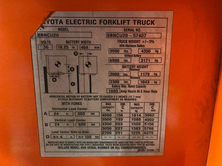 Used forklift for sale in Lachine | 2018 TOYOTA 4,000 LB Electric Standup Counterbalance | Model: 8BNCU20M188
