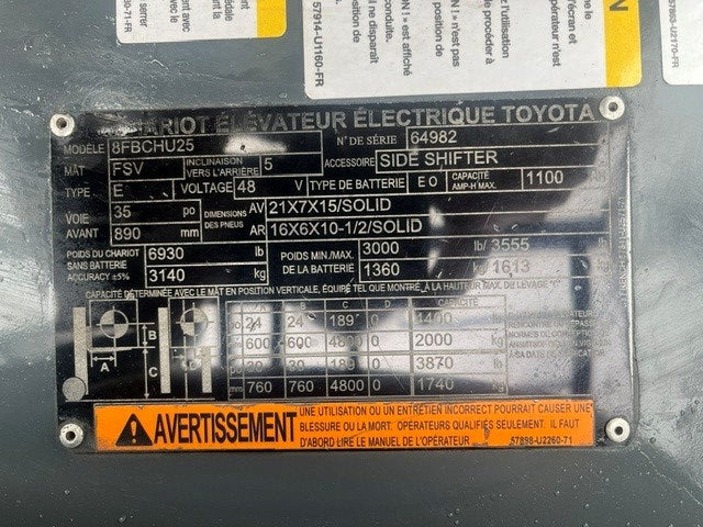 Used forklift for sale in Lachine | 2018 TOYOTA 5,000 LB Electric Cushion Forklift Longbox | Model: 8FBCHU25