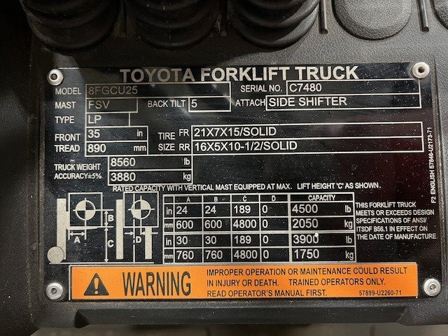 Used forklift for sale in London | 2021 TOYOTA 5,000 LB IC Cushion Forklift | Model: 8FGCU25