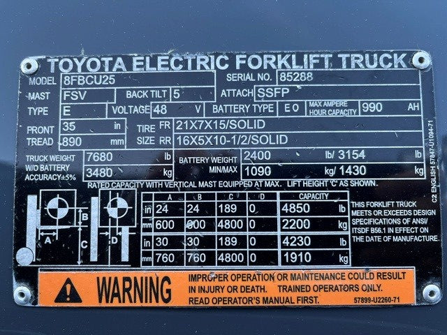 Used forklift for sale in Windsor | 2021 TOYOTA 5,000 LB Electric Cushion Forklift | Model: 8FBCU25