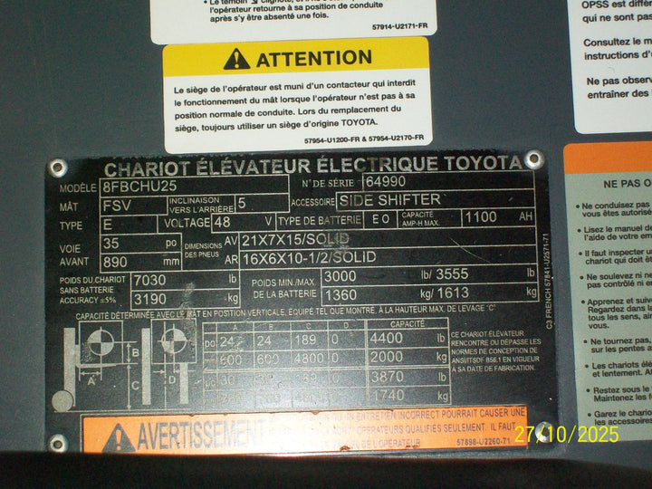 Used forklift for sale in Lachine | 2018 TOYOTA 5,000 LB Electric Cushion Forklift Longbox | Model: 8FBCHU25