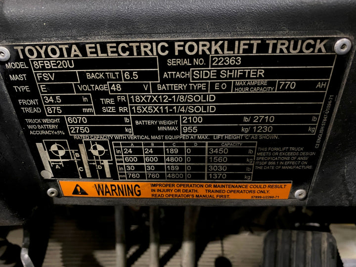 Used forklift for sale in Vaughan | 2021 TOYOTA 4,000 LB 3-Wheel Electric Forklift | Model: 8FBE20U